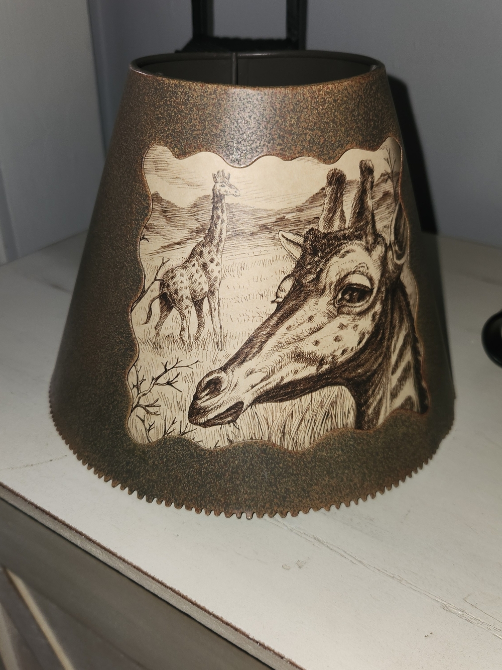 VTG Rustic Cabin Brown Meta Ink Drawn Giraffe Cutout Lampshade Cottage Core
